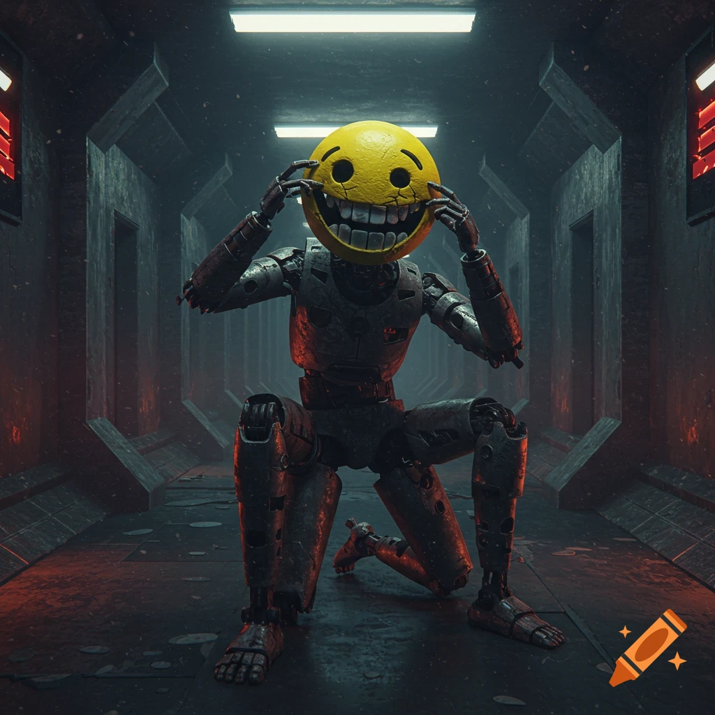 A broken robot holds a large, creepy smiley face over its head in a dark sci-fi hallway.