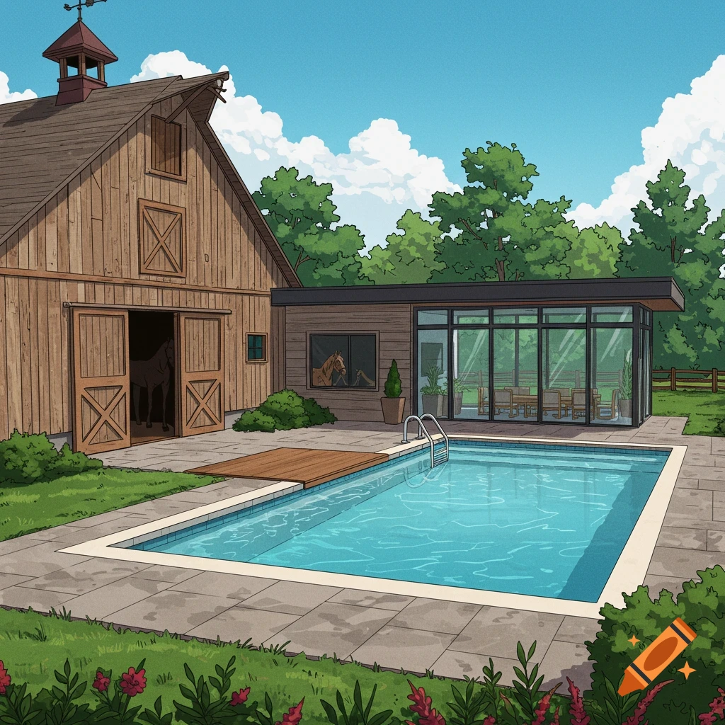 Illustration of a barn next to a modern pool house with a swimming pool and trees.