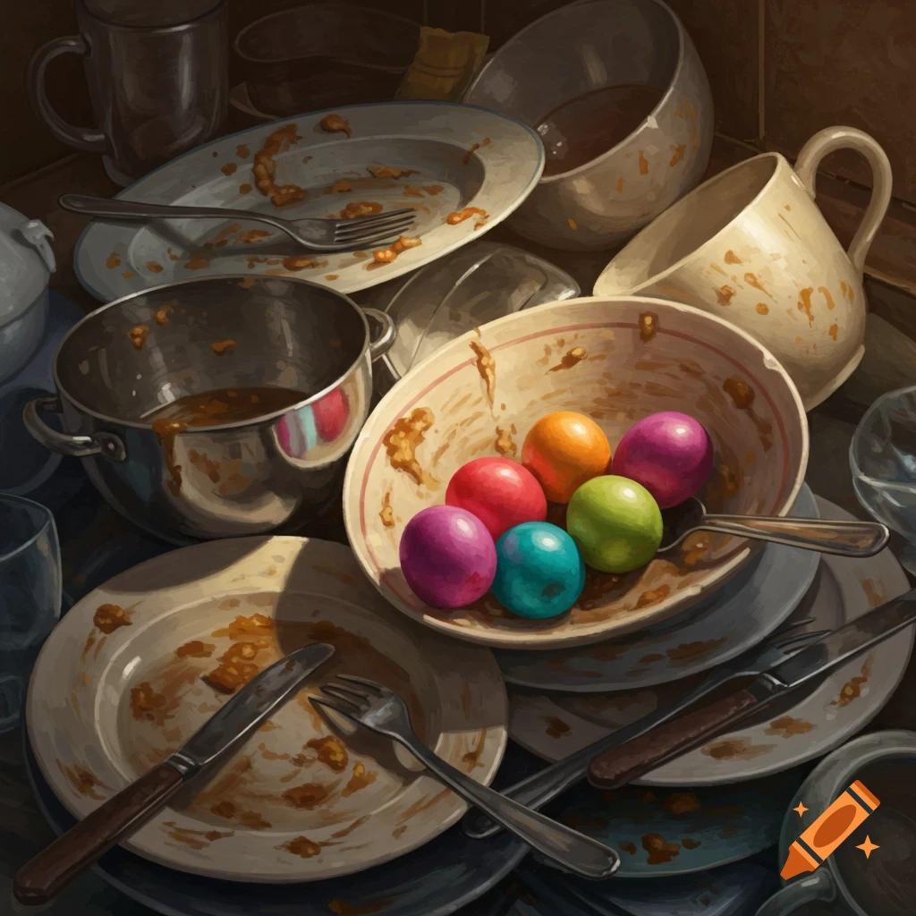 A pile of dirty dishes with colorful Easter eggs in a bowl.