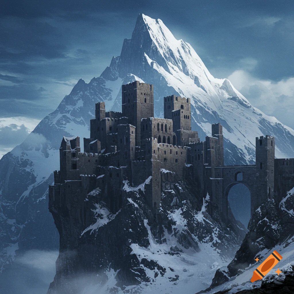 A crumbling castle perched on a snowy cliff face with a huge snowcapped mountain in the background.