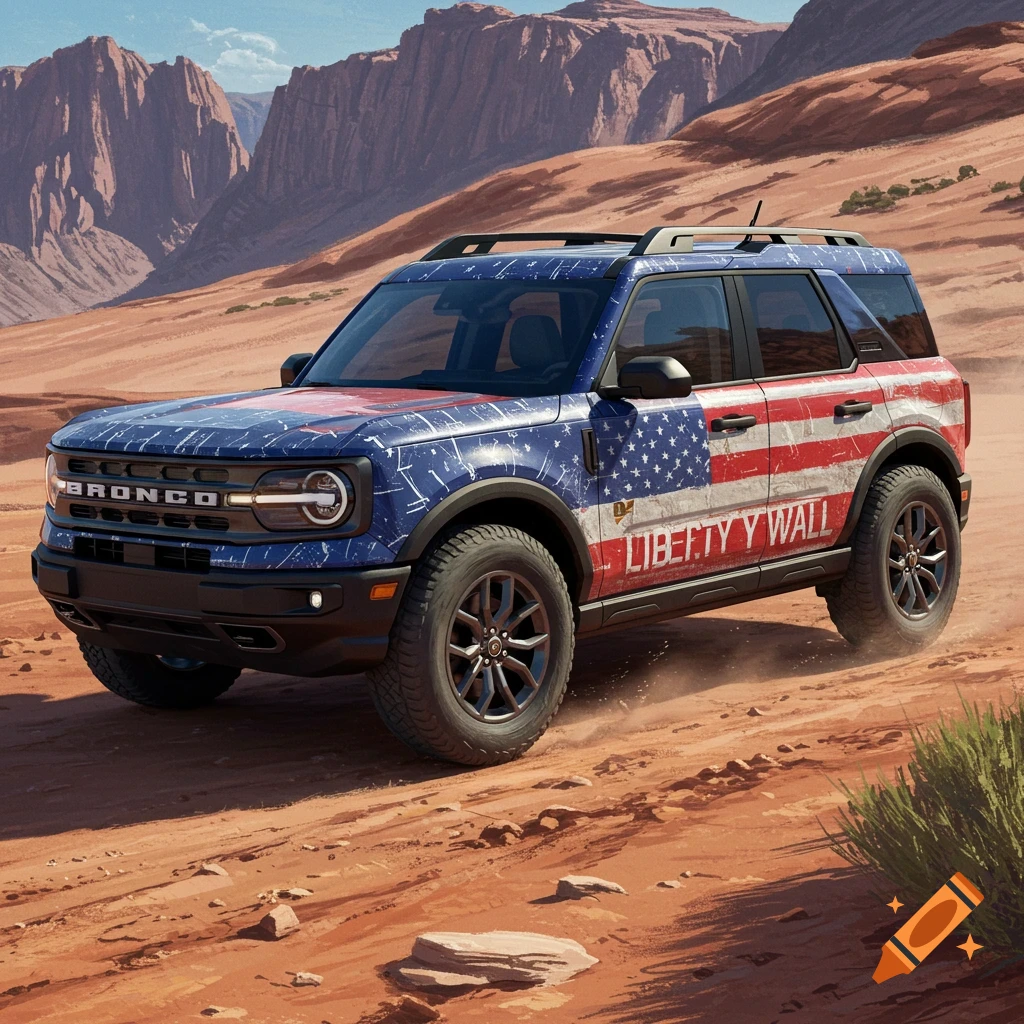 A Ford Bronco Sport SUV with an American flag design is driving on a dirt road in a desert.