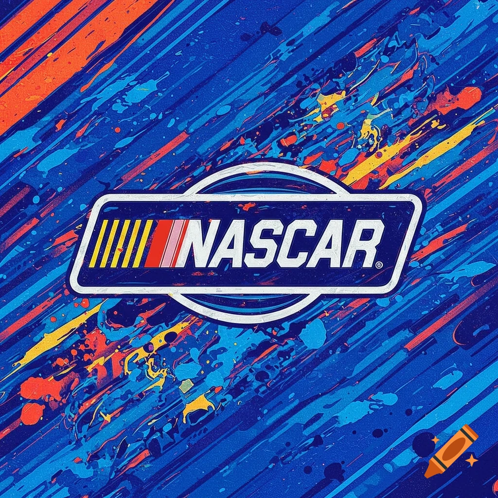 NASCAR logo on an abstract background with blue, orange, and yellow paint splatters