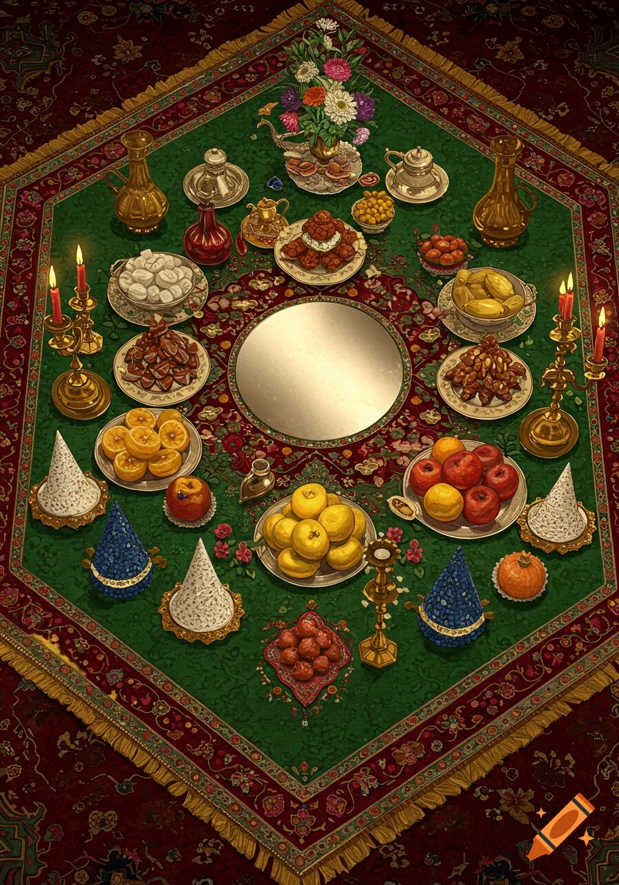A Haft-Seen table spread on a richly patterned rug, featuring food, candles, and a mirror.