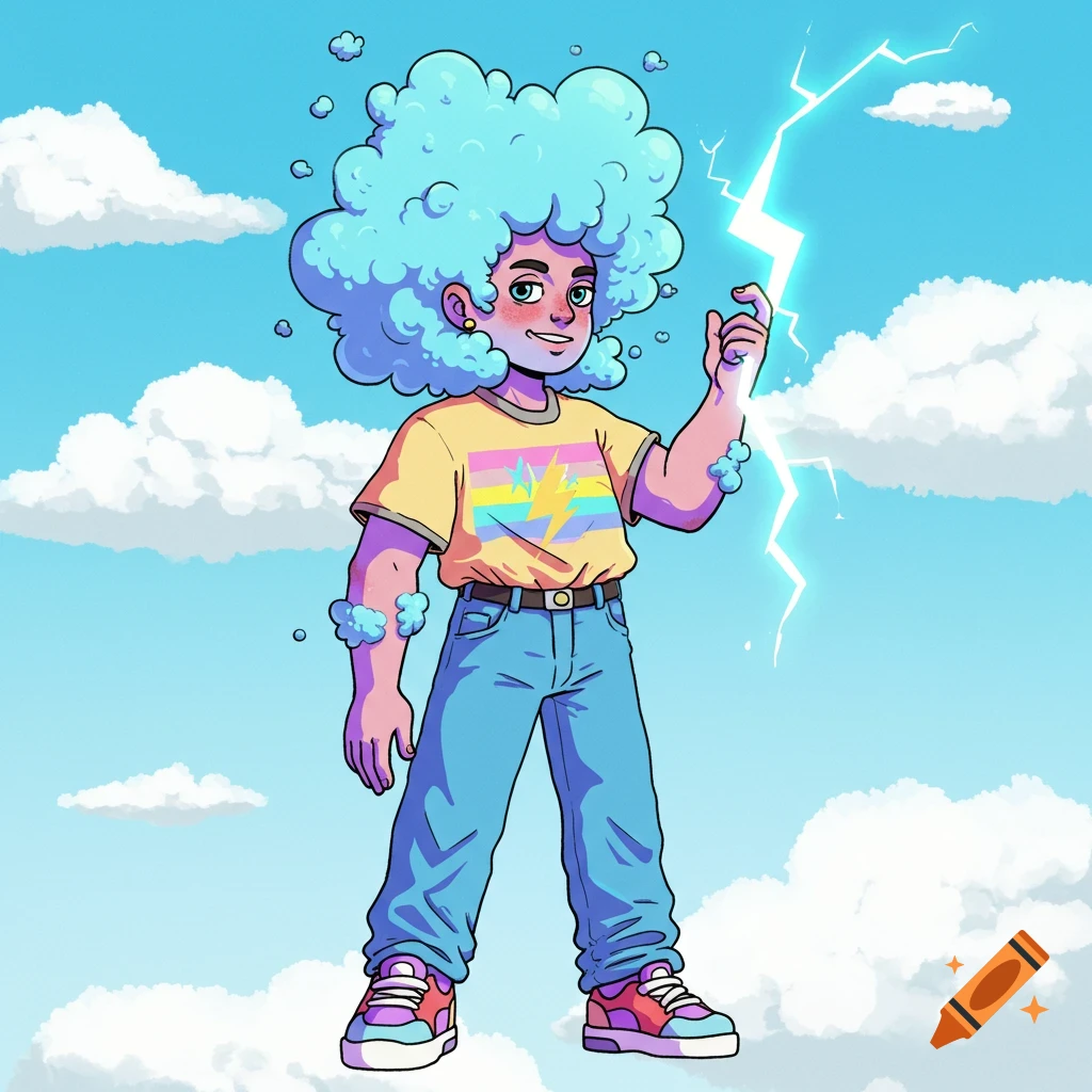 Cartoon person with blue cloud hair, yellow shirt, and jeans standing in the sky holding a lightning bolt.