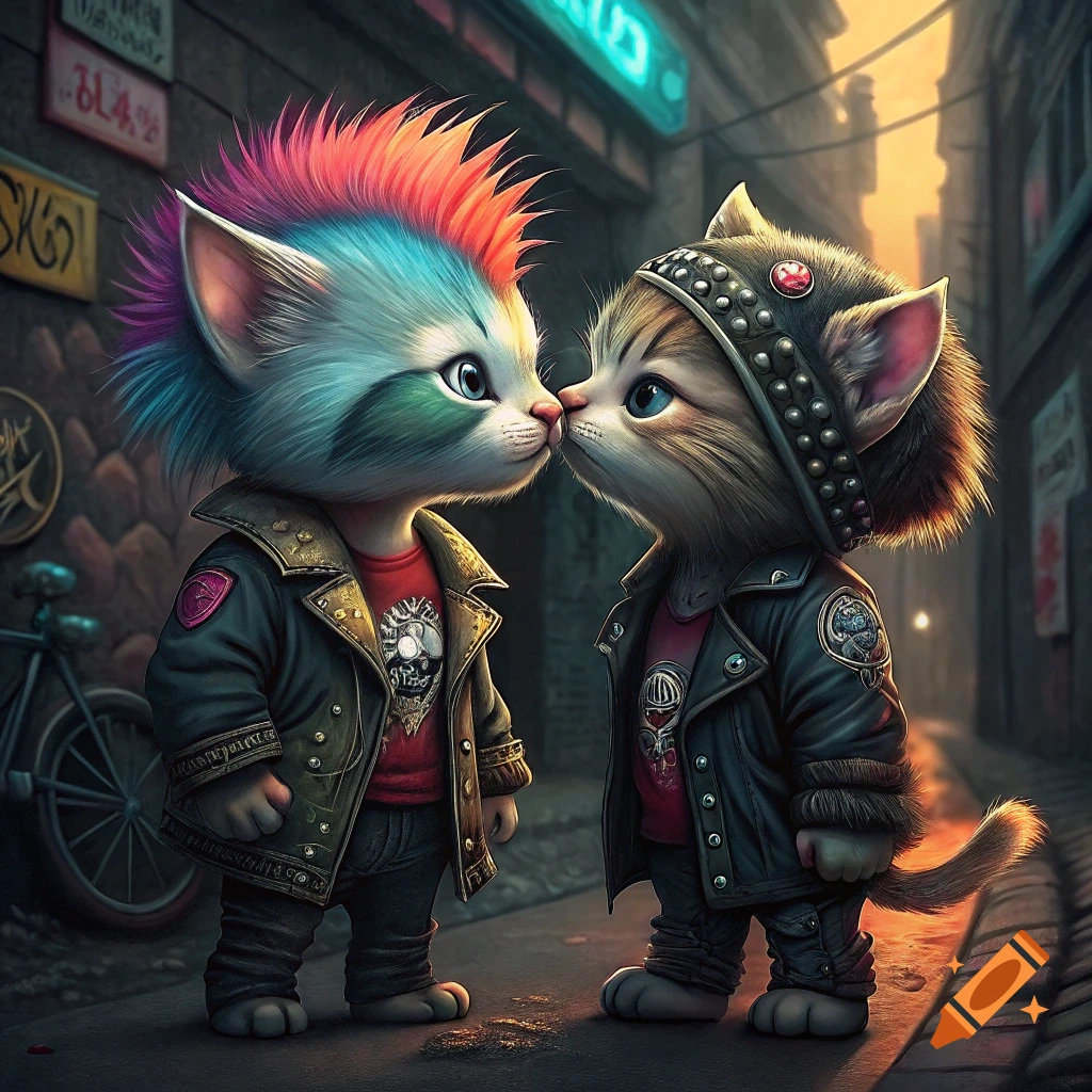 Two cartoon cats in punk biker jackets touching noses on a street