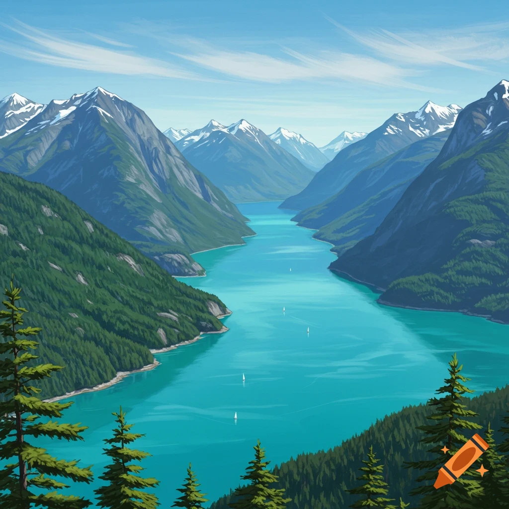 A turquoise sound between green mountains with snow-capped peaks under a blue sky. Small sailboats are on the water.