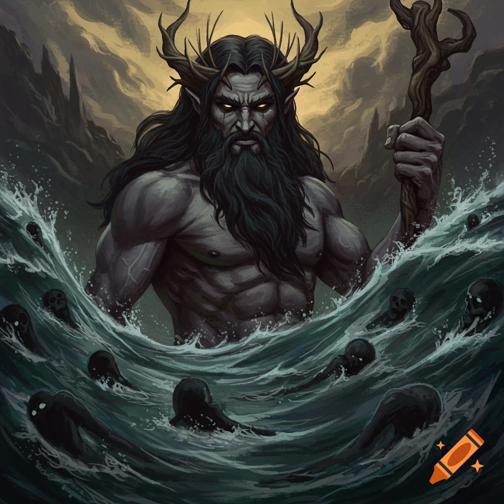 A dark, horned sea god rising from stormy waters with shadowy figures.