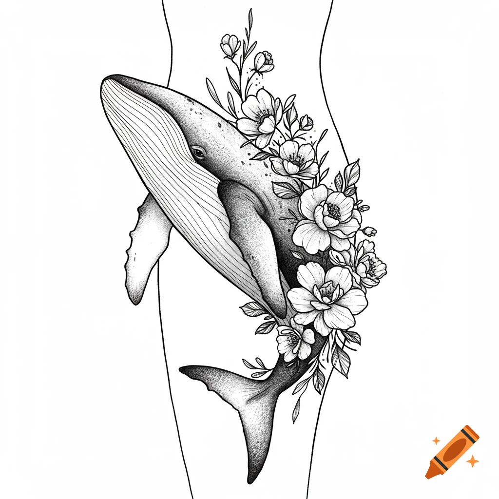 Blackwork tattoo design of a whale with flowers on a body outline.