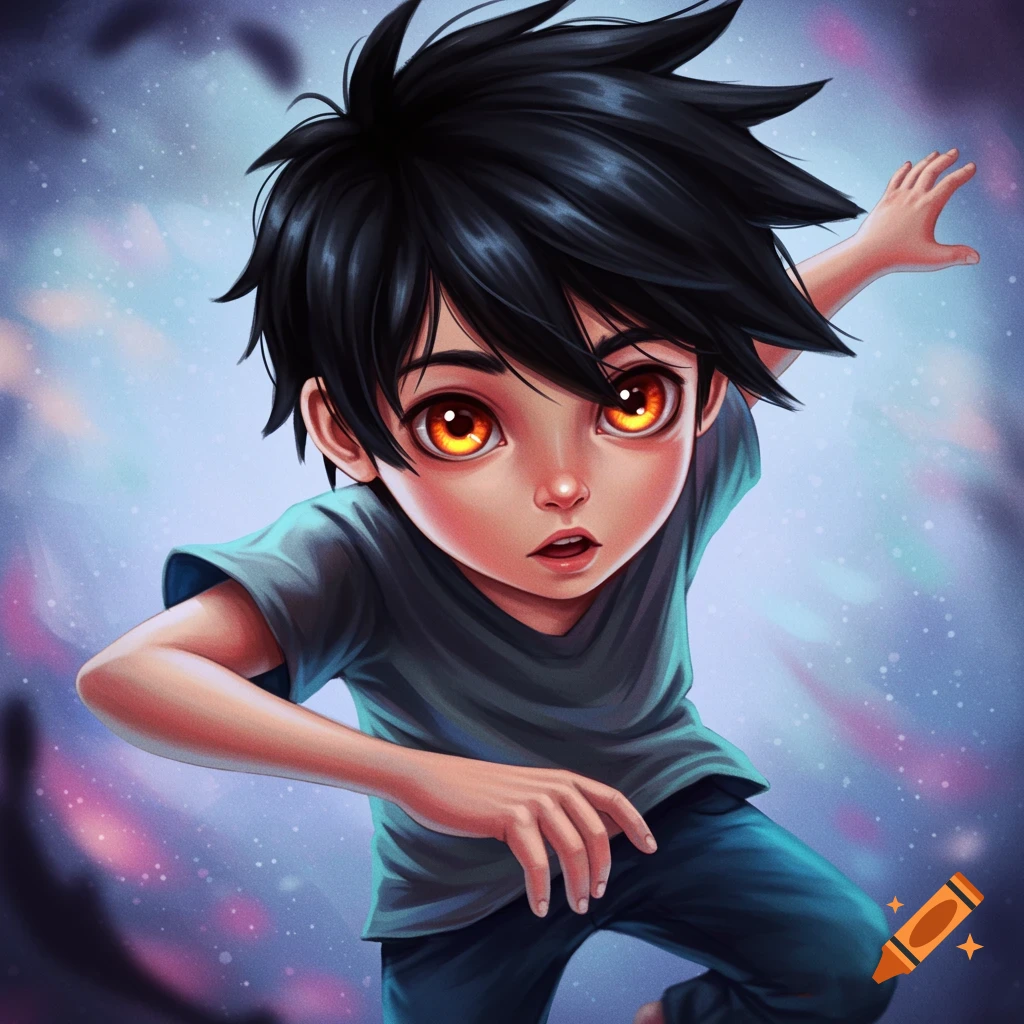 A young boy with striking orange eyes in a dynamic pose, fantasy art style.