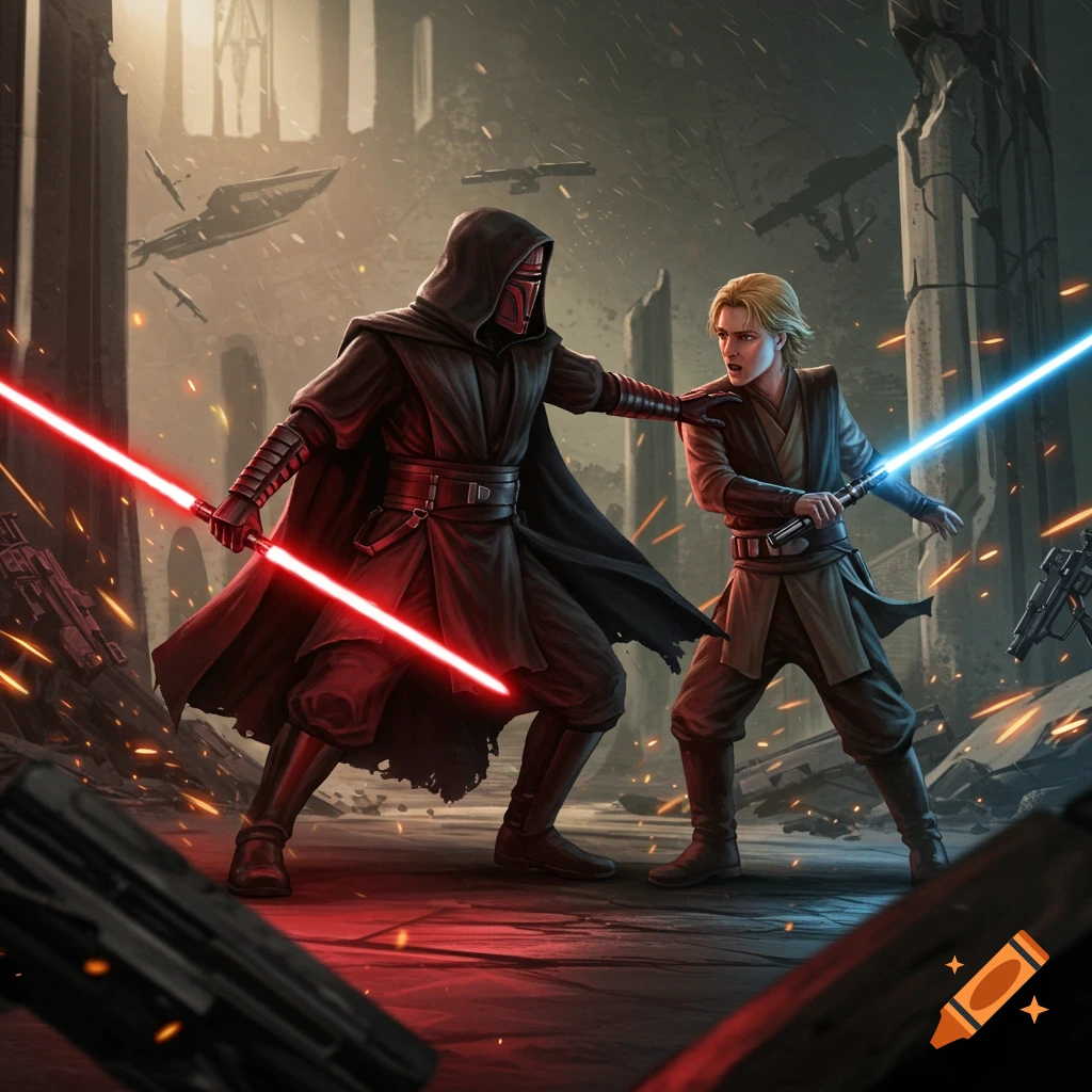 Two figures duel with red and blue lightsabers in a ruined cityscape with ships overhead.