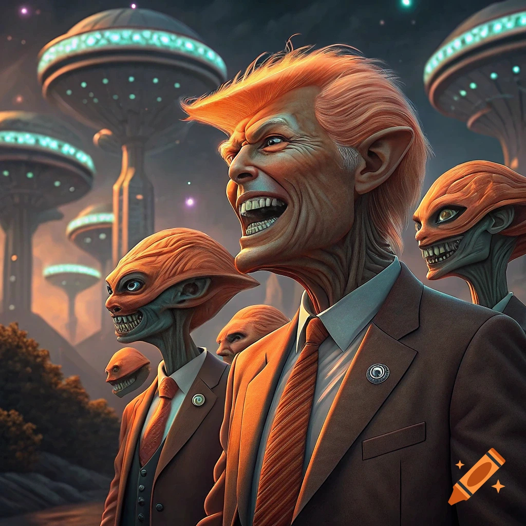 Alien-like figures resembling Donald Trump in suits stand in a futuristic city setting.