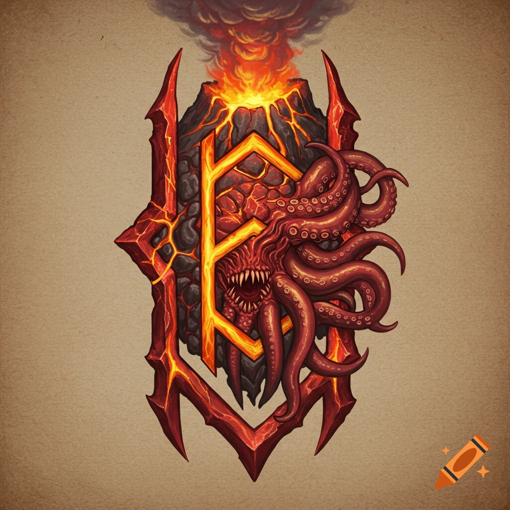 A painted fantasy shield-like rune depicting an erupting volcano and a tentacled creature head.