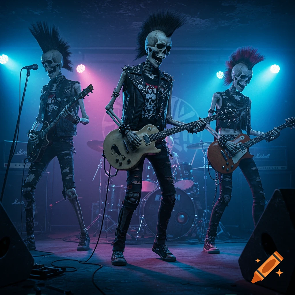 Three skeleton figures playing punk rock music on a stage.