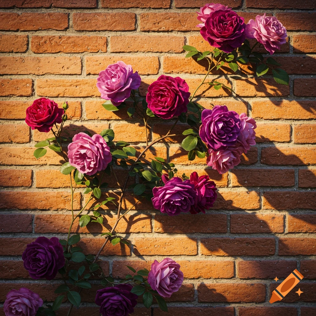 Pink and purple roses climbing a brick wall.