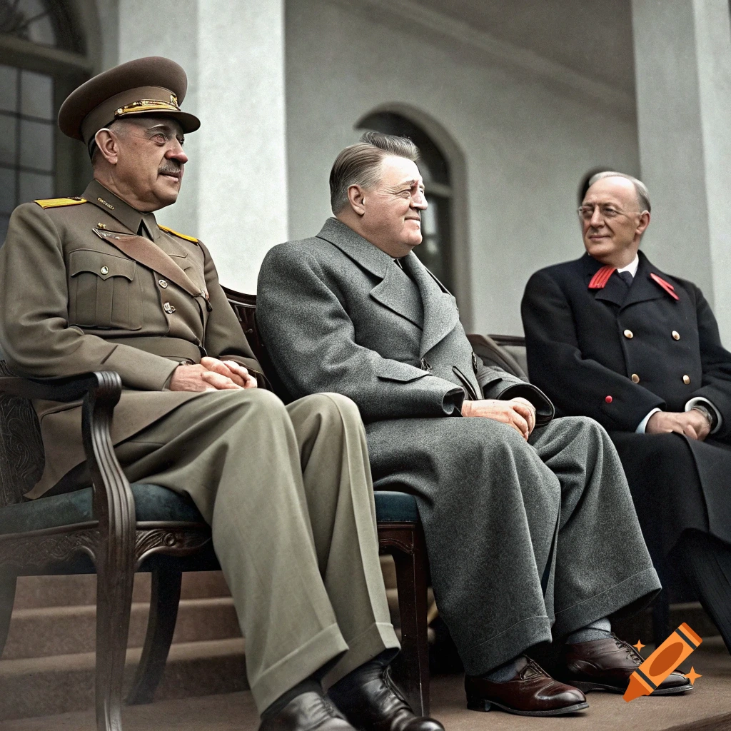 Three historical figures resembling Stalin, Churchill, and Roosevelt seated on chairs outdoors.