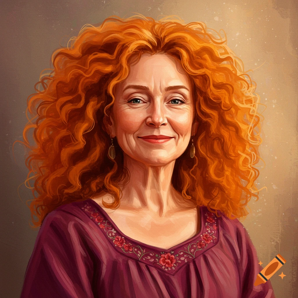 A mature woman with curly orange hair wearing a purple shirt.