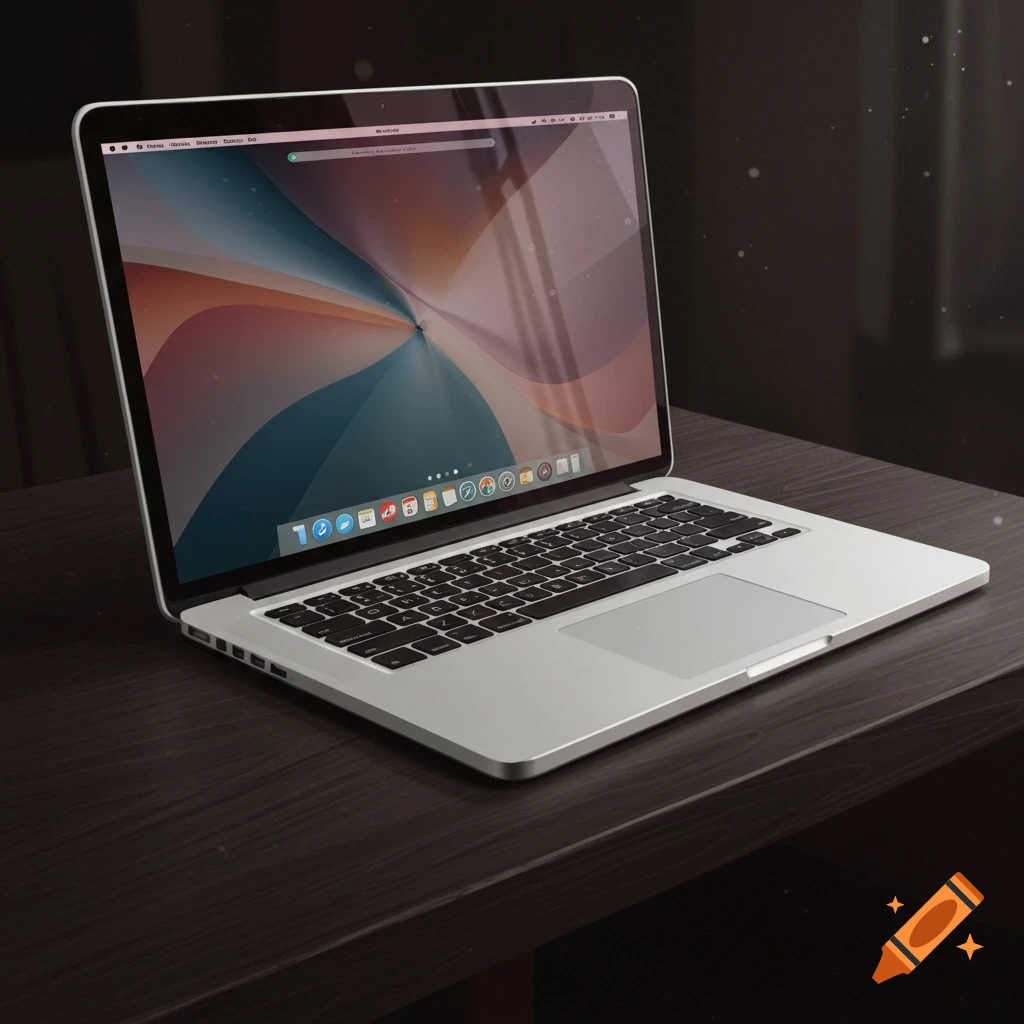 A silver laptop on a dark wooden table.