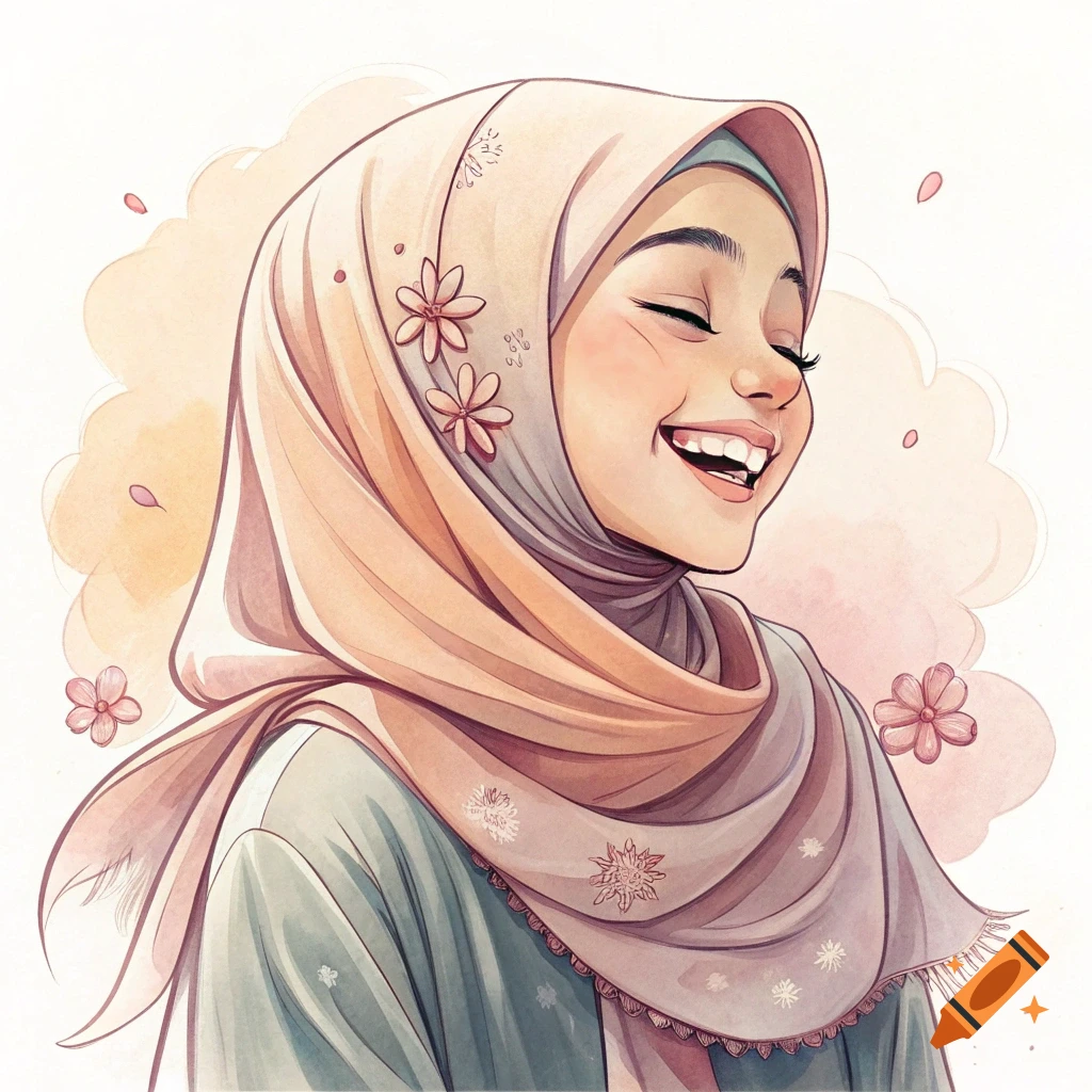 Illustration of a young woman smiling and wearing a hijab decorated with flowers.