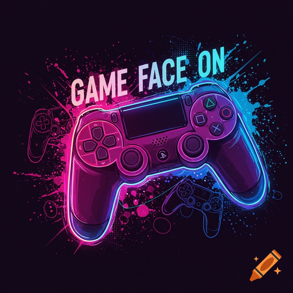 Digital art of neon game controllers with paint splatters and 'GAME FACE ON' text