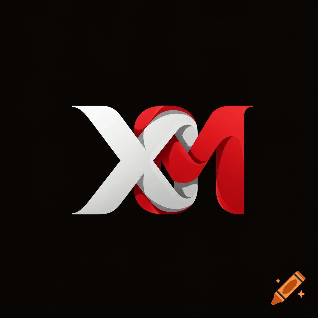 Stylized red and white X and M logo design on black background