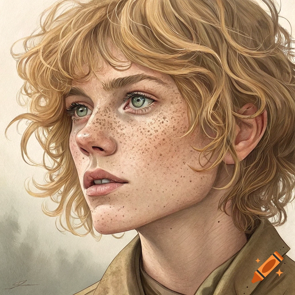 A close-up portrait painting of a person with curly blonde hair, freckles, and green eyes.