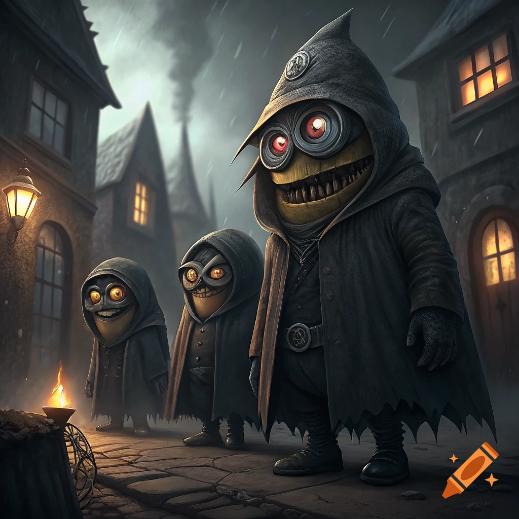 Three hooded, monstrous creatures (like evil minions) stand on a wet cobblestone street in a dark, rainy town.