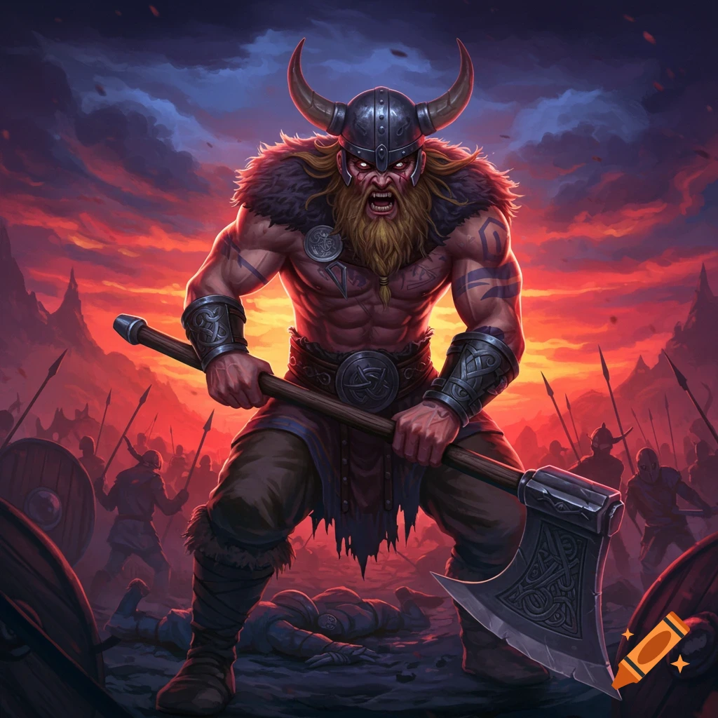 A fierce Viking warrior with an axe stands on a battlefield.