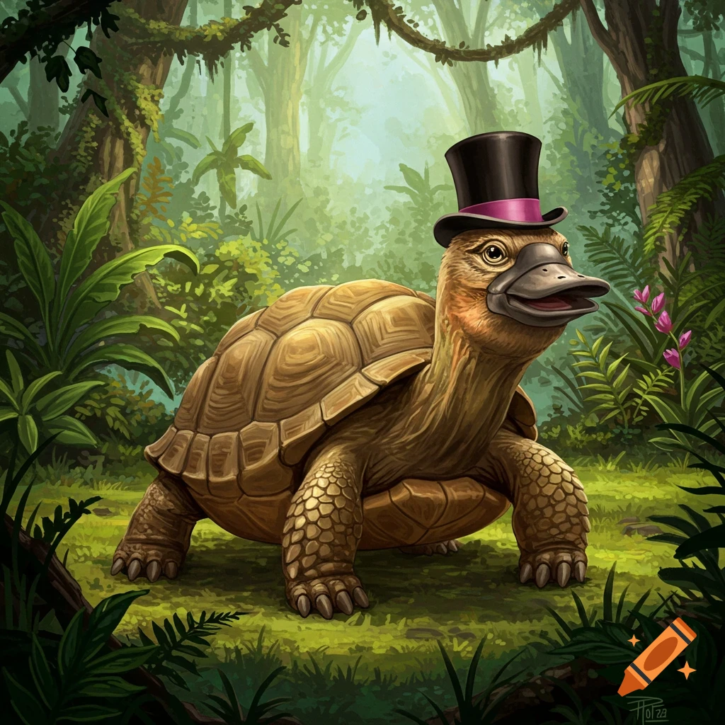 A tortoise with a platypus head wearing a top hat in a rainforest.