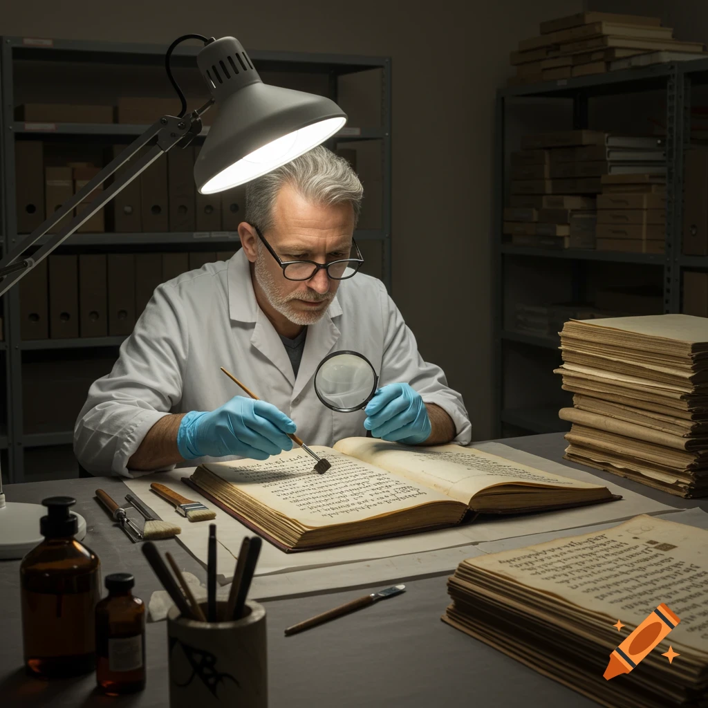 An archivist in a lab coat and gloves carefully restores a large, old manuscript with a brush and magnifying glass under a lamp.