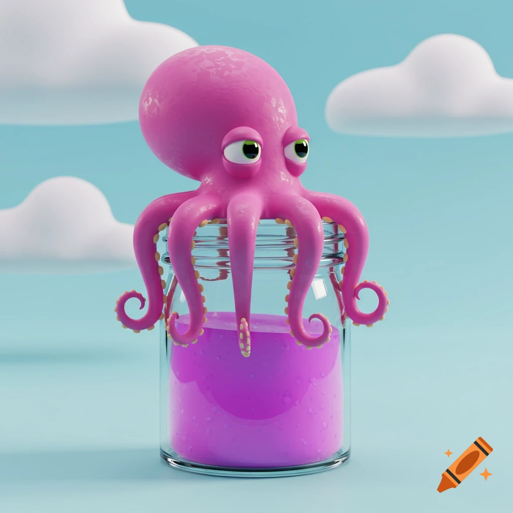 A pink cartoon octopus sits on a glass jar of purple liquid under a blue sky with clouds, 3d render.