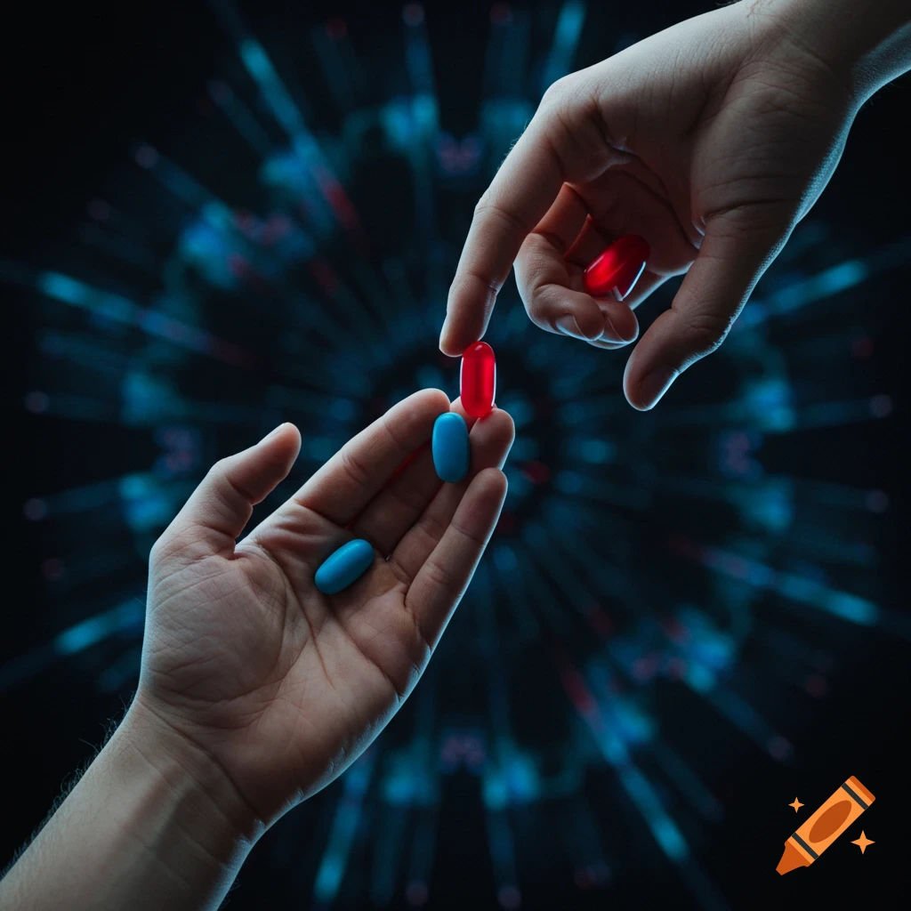 Two hands, one offering a red pill, the other holding blue pills, against a blurry blue digital background.