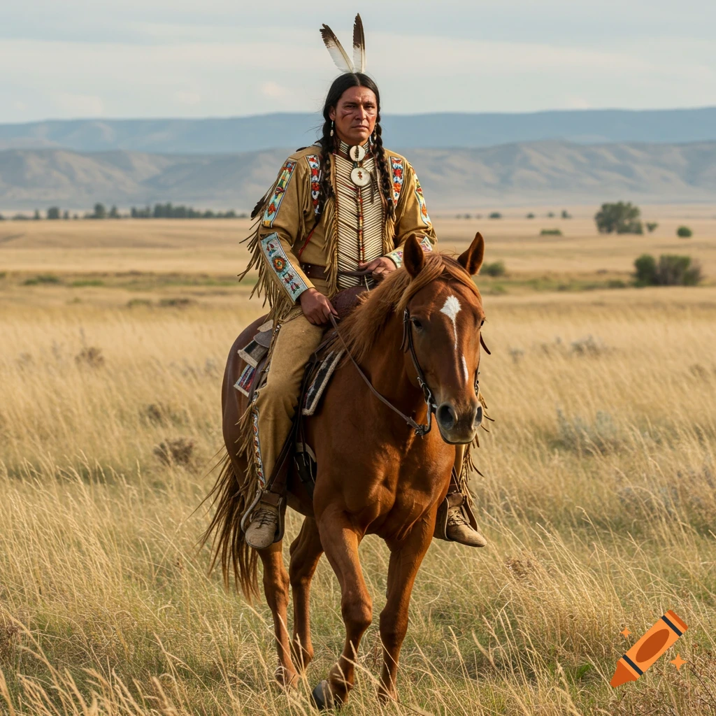 A Native American man wearing traditional clothing and feathers sits atop a brown horse in a grassy field with mountains behind him. Photo.