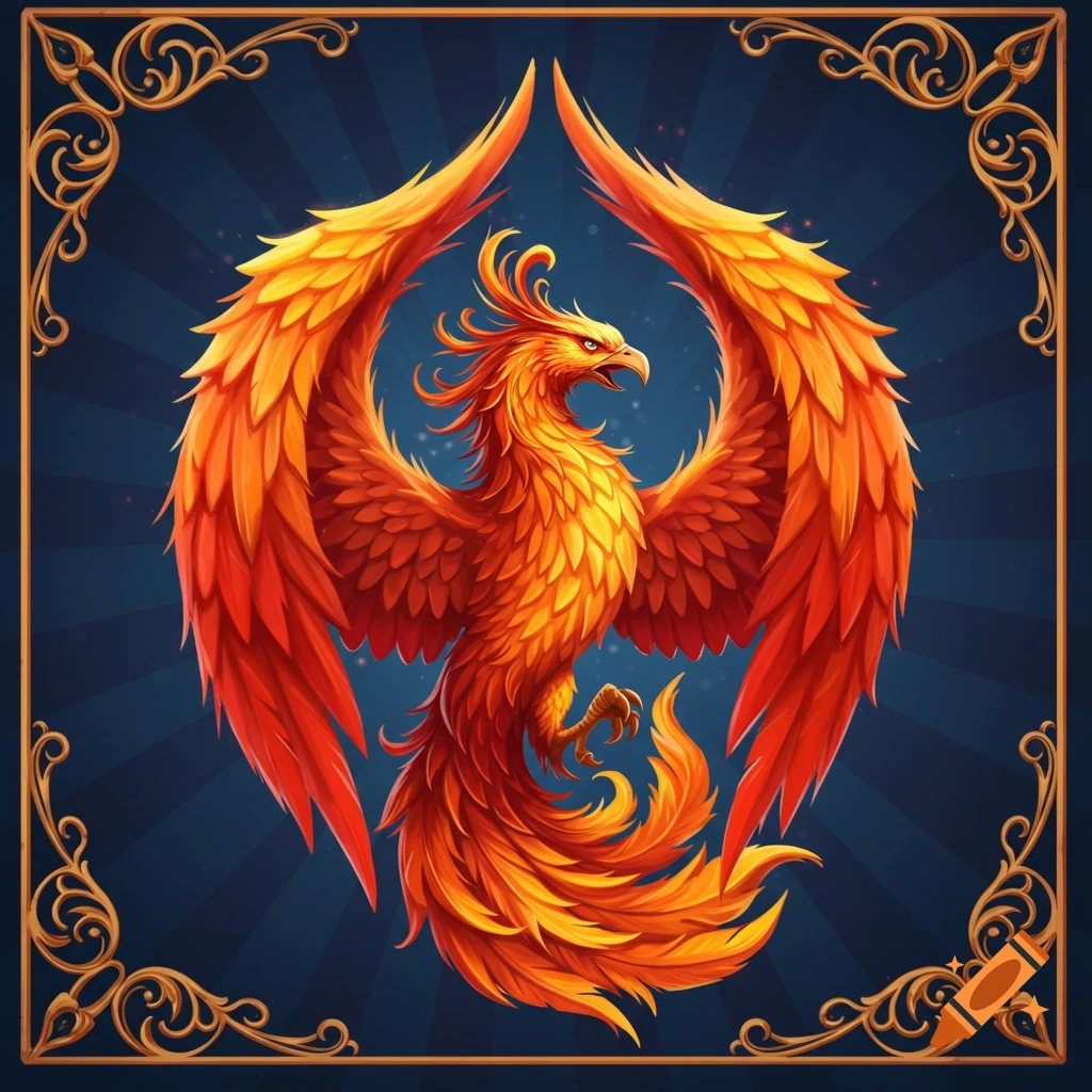 A vibrant fire phoenix with large wings spread, centered within an ornate decorative frame