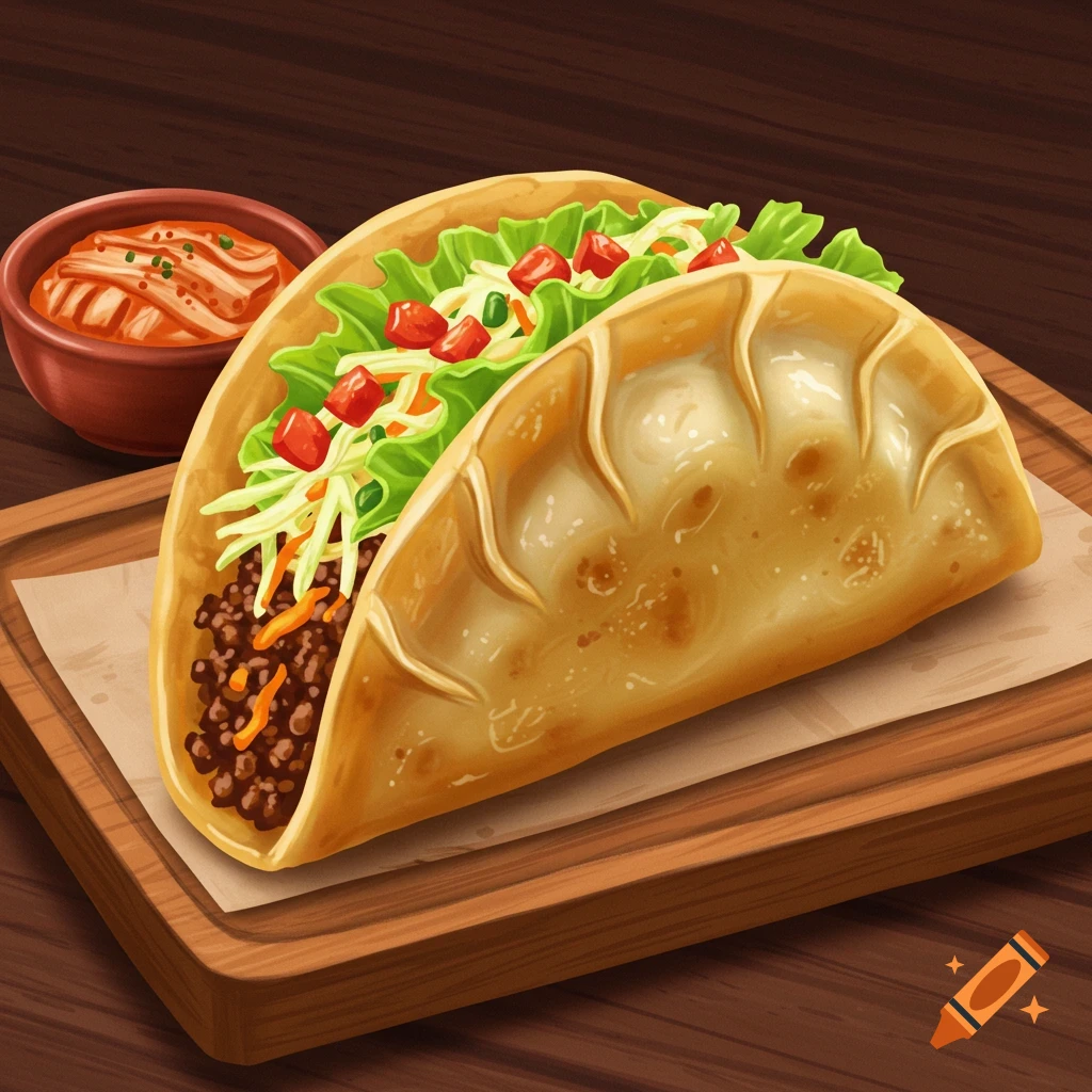 A dumpling taco with dip is shown on a wooden board.