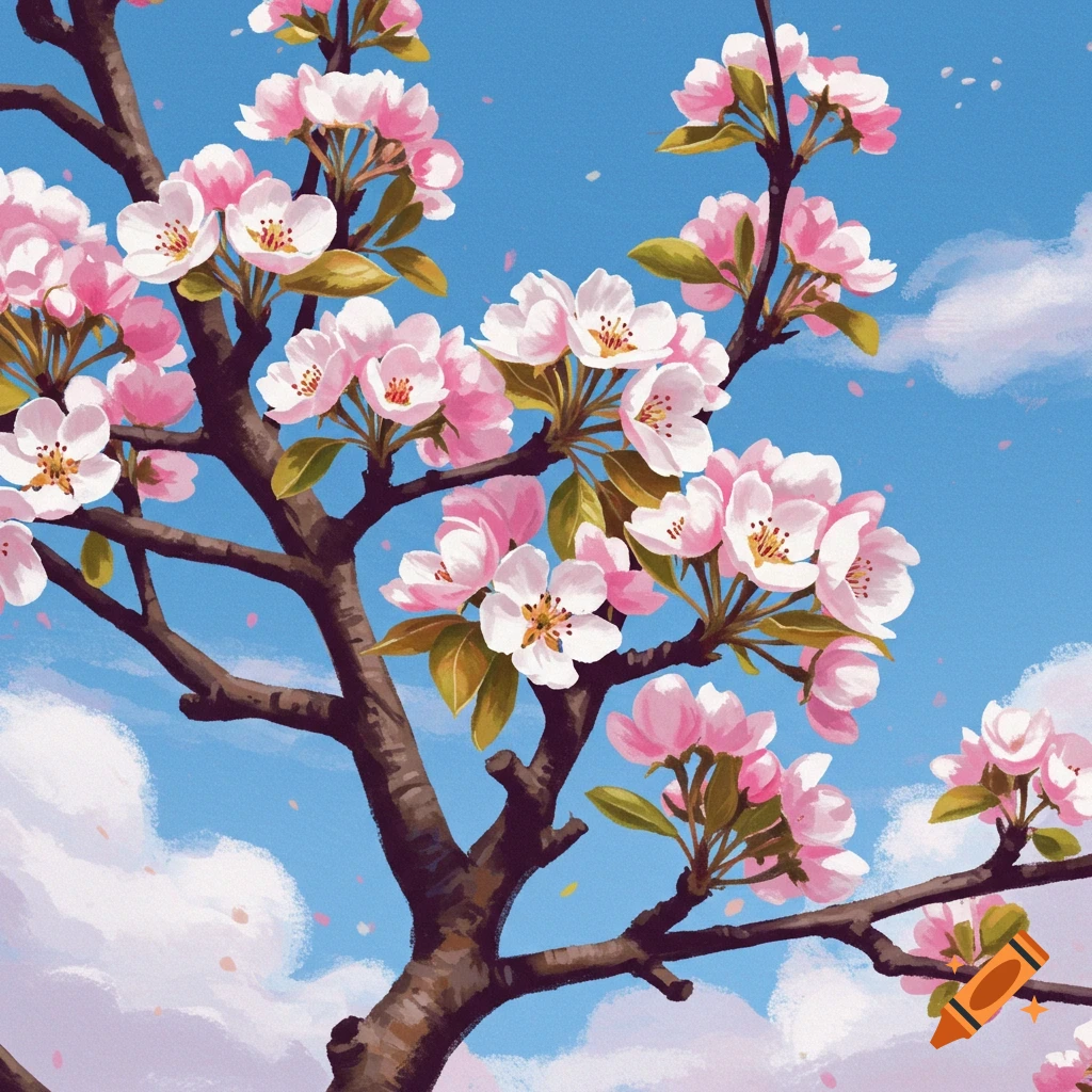 A tree branch adorned with pink and white blossoms stands out against a blue sky.