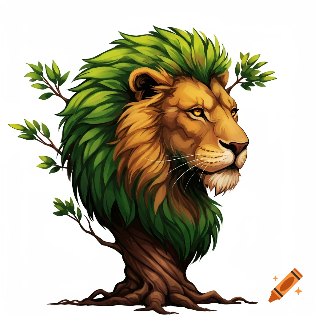 A lion's head formed from a tree trunk and leaves.