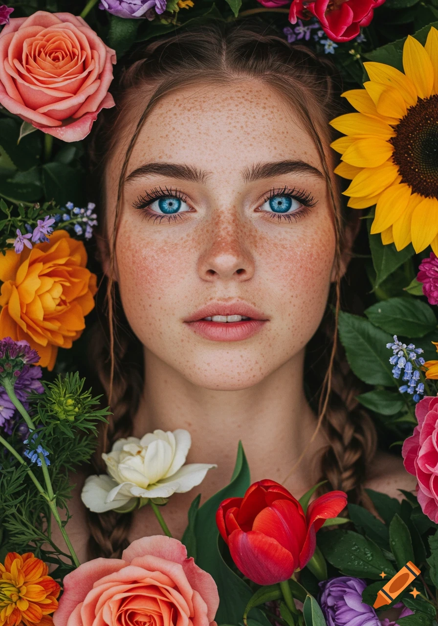 Close-up portrait of a young woman with blue eyes and freckles, surrounded by colorful flowers.