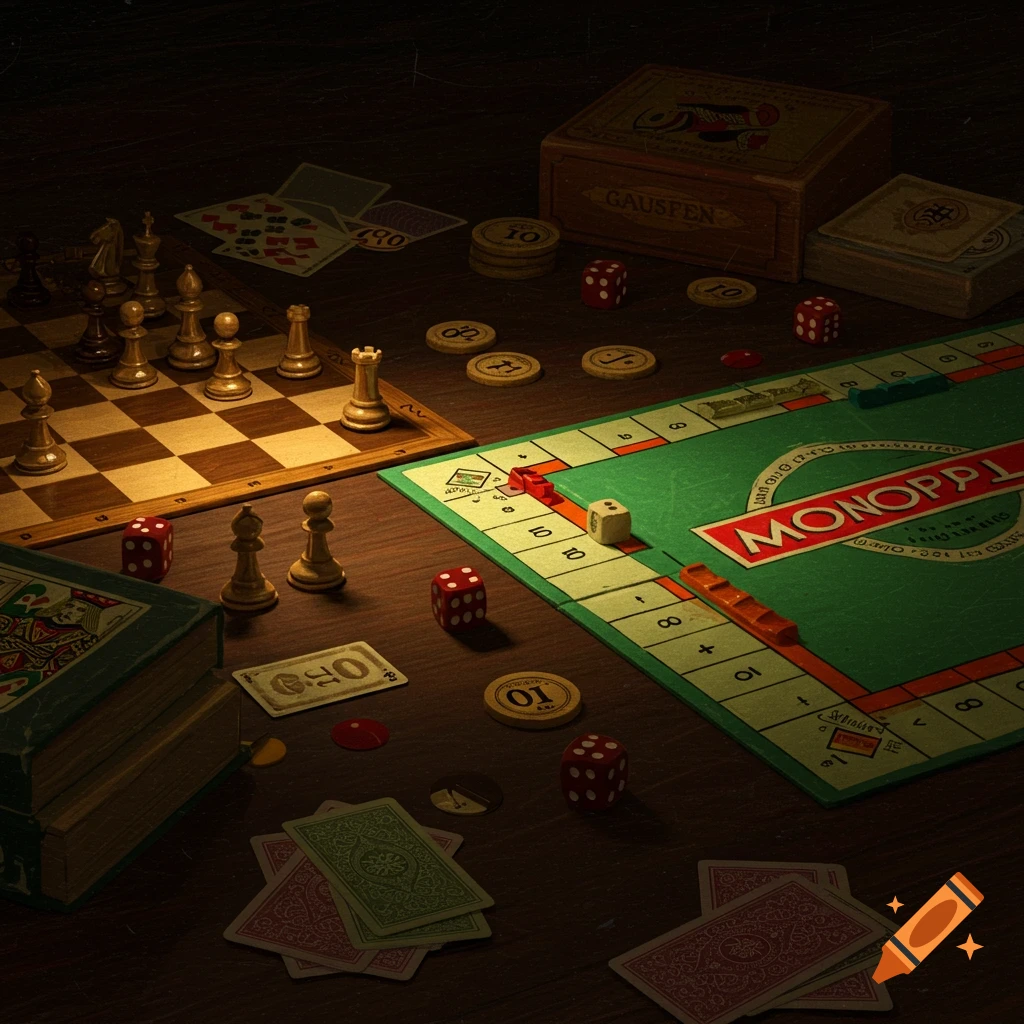 Still life of chess, Monopoly, cards, and dice on a table.