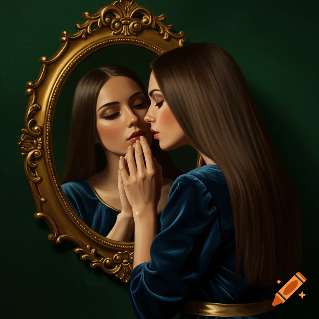 A painting of a woman looking into a mirror.