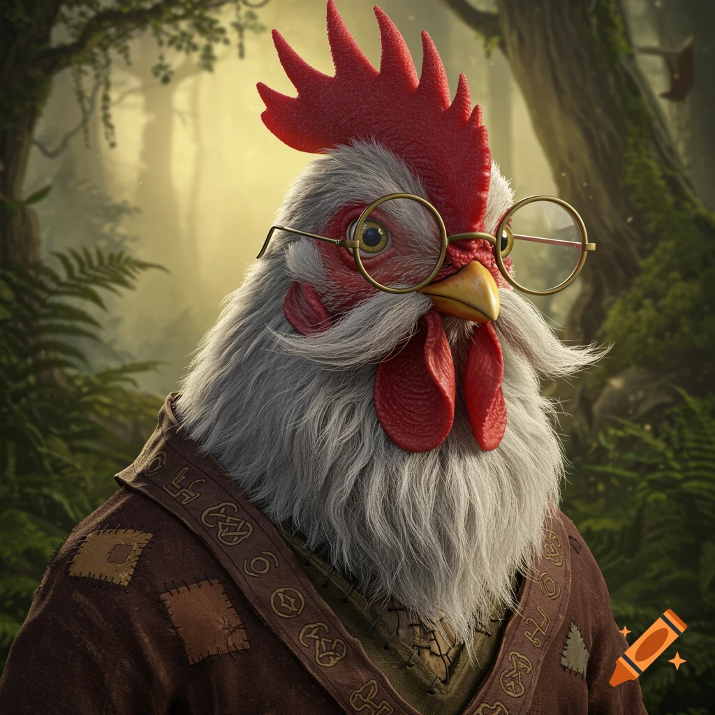 Portrait of a rooster druid with glasses and beard in a forest.