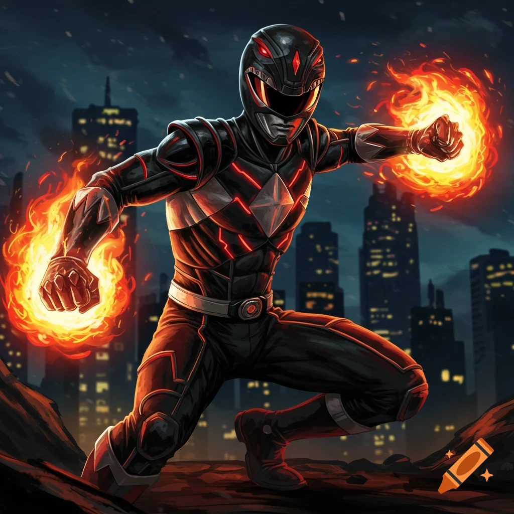 A black and red Power Ranger crouches with fire powers in their hands against a city skyline backdrop, digital art.