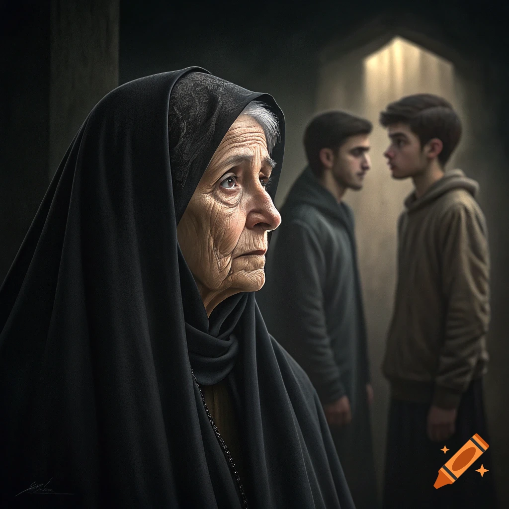 Realistic portrait of an elderly woman in a black veil looking left, with two young men talking in the blurred background.