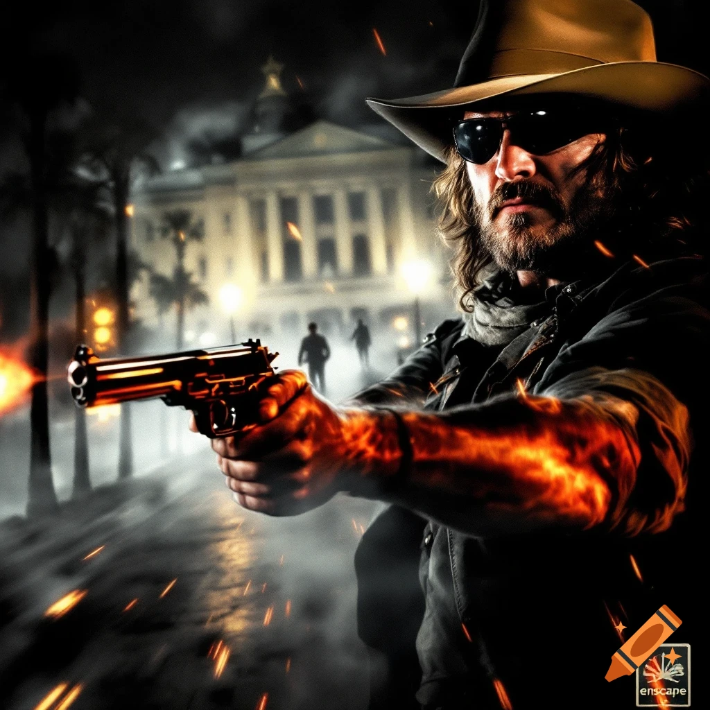 Man in cowboy hat firing gun with arms on fire on street at night