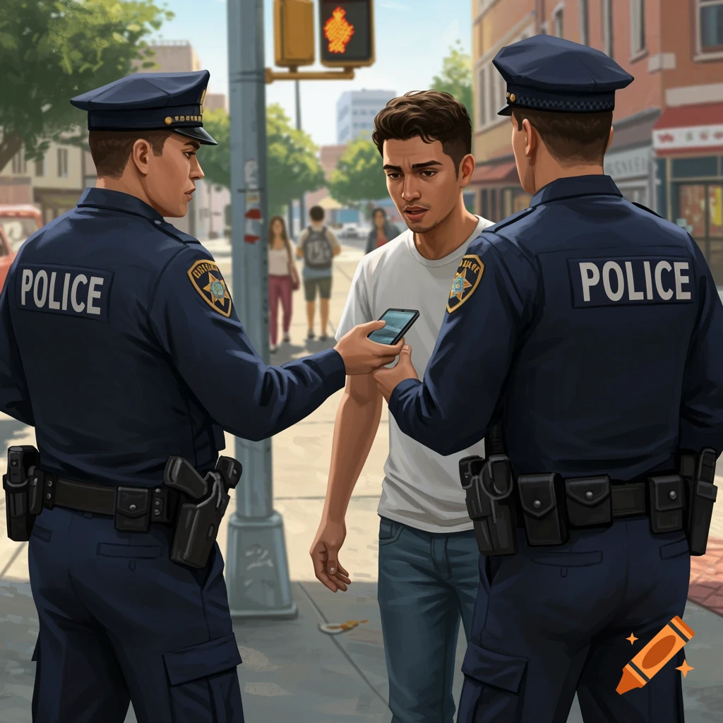 Illustration of two police officers interacting with a young man holding a phone on a street corner.