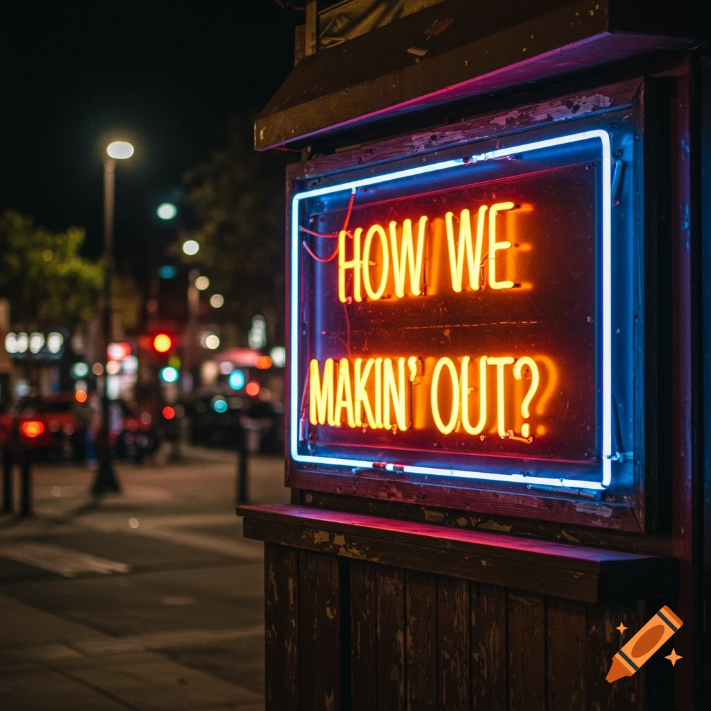 A neon sign on a street at night reads 'HOW WE MAKIN' OUT?'