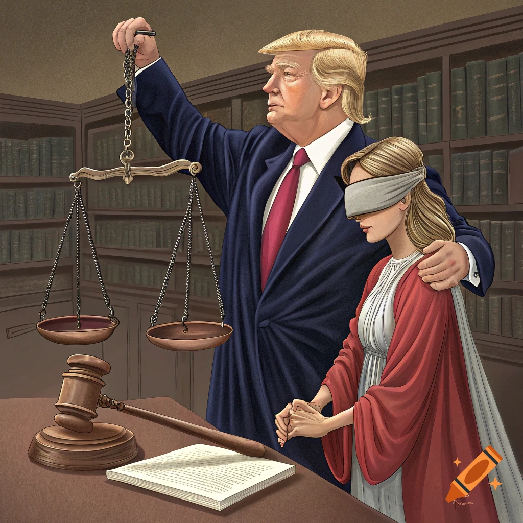Illustration of a caricature of Donald Trump tipping the scales of justice next to blindfolded Lady Justice in a library.