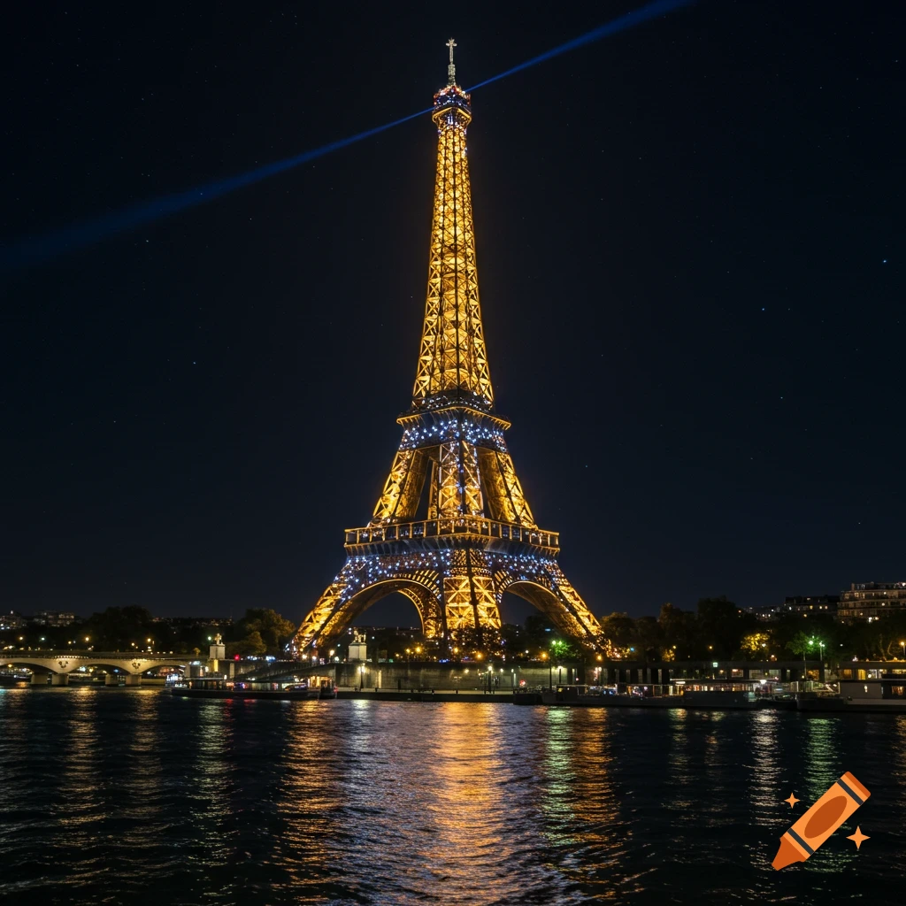 Eiffel Tower illuminated at night with reflections on the river