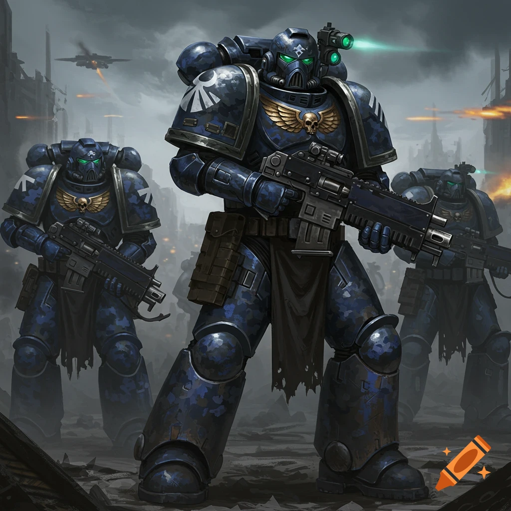 Three Warhammer 40k Space Marines in dark blue camo stand with guns in a ruined city.