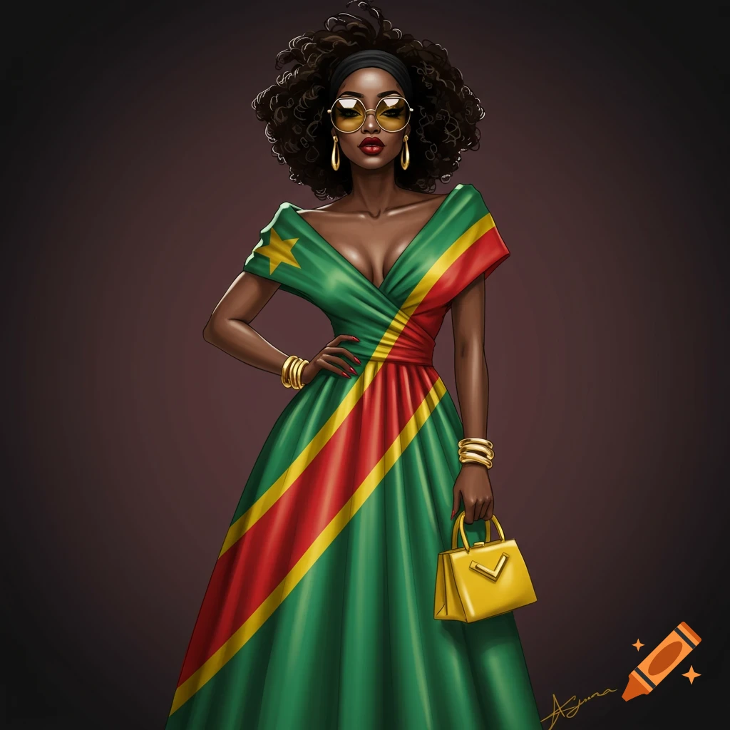 Digital illustration of an elegant Black woman in a dress colored like the Congo flag, wearing sunglasses and holding a yellow bag.