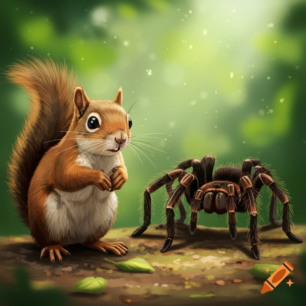 A squirrel standing next to a tarantula on a log in a forest